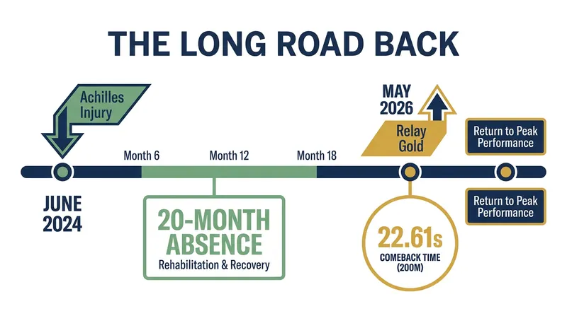 A timeline of Thompson-Herah's recovery and return to the track.