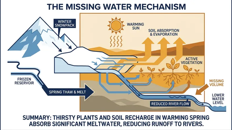 Warmer spring temperatures cause vegetation to absorb snowmelt before it can reach the river, explaining 70% of the basin's missing water.