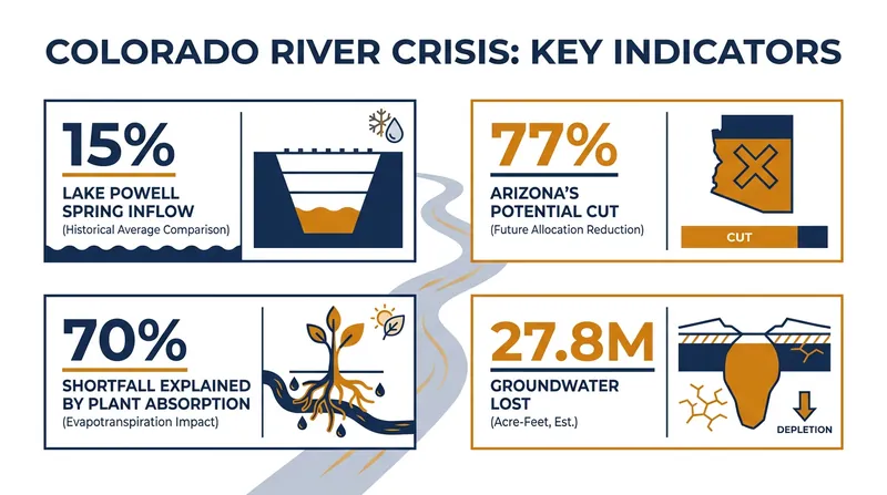 The Colorado River Basin is facing unprecedented hydrological deficits across both surface water and groundwater.