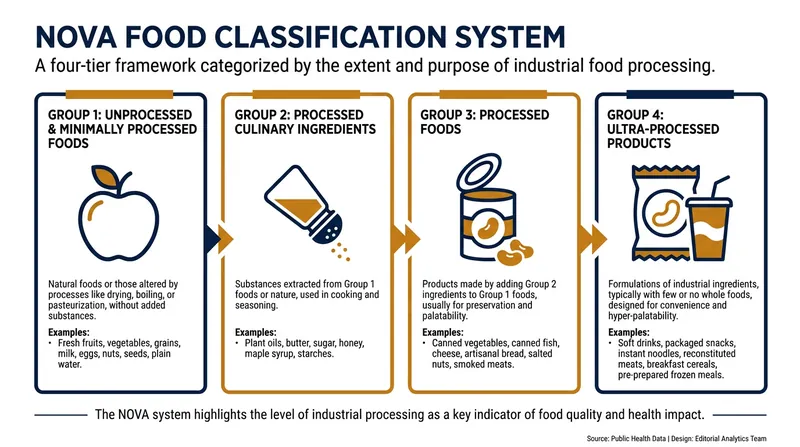 The NOVA classification system categorizes food by its level of industrial processing.