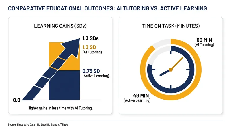 Students using AI tutors achieved higher mastery while spending less time on task compared to traditional active learning.
