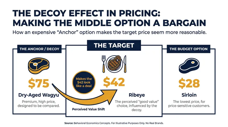 The decoy effect uses an artificially high price to recalibrate a diner's perception of value.
