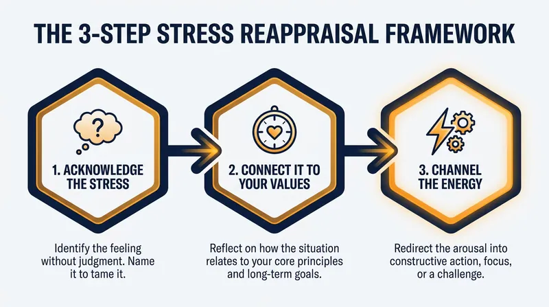 The three-step cognitive reappraisal framework for shifting a stress mindset in the moment.