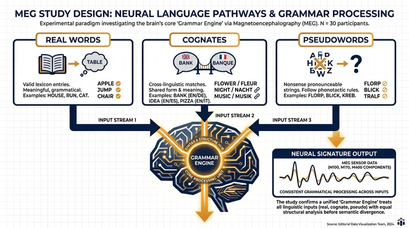 Researchers used real words, cognates, and made-up 'pseudowords' to prove the brain calculates grammar on the fly.