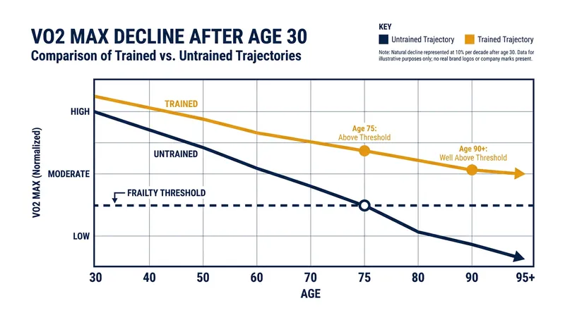 Because aerobic capacity declines predictably with age, longevity physicians recommend building a massive 'buffer' in midlife.