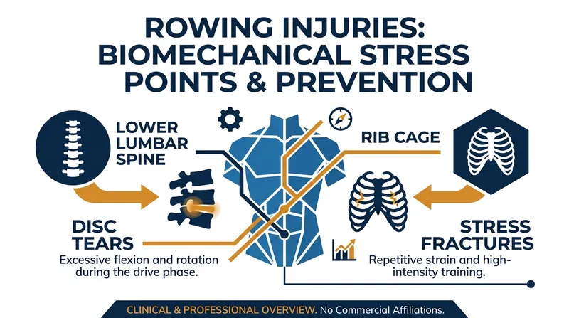 Rowing's repetitive biomechanical load frequently targets the lower back and rib cage.