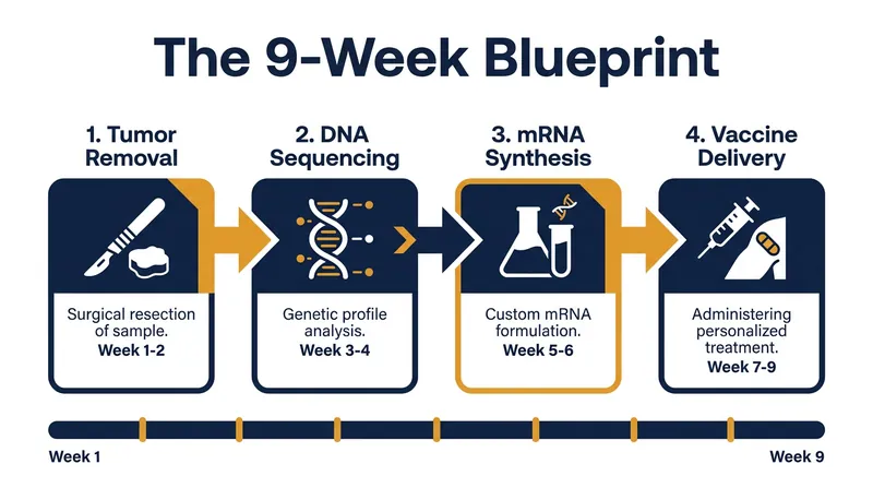 The complex manufacturing process required to build a personalized mRNA cancer vaccine from scratch.