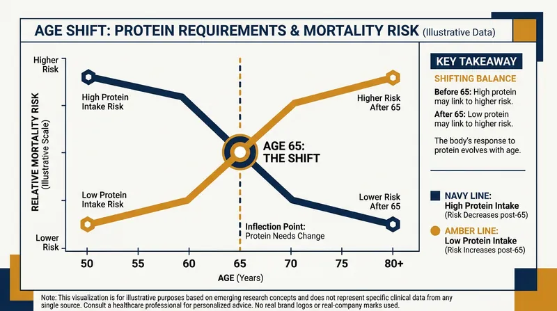 The 'Age Shift': Data suggests high protein intake increases mortality risk in middle age but becomes highly protective after age 65.