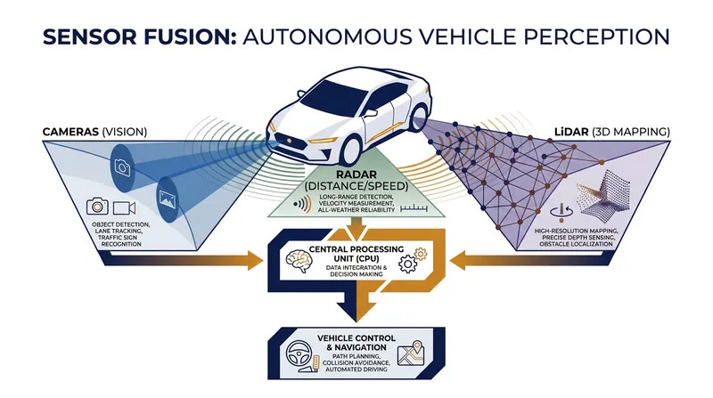 Sensor fusion combines the unique strengths of cameras, radar, and LiDAR to create a foolproof 3D map.
