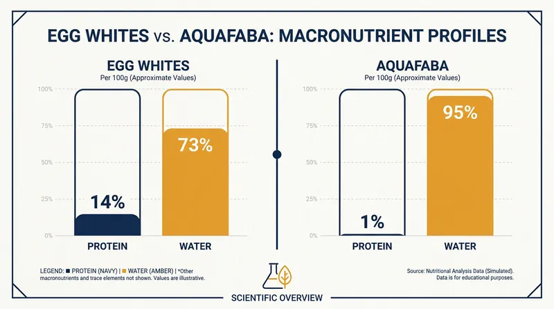 The Composition Gap: Aquafaba achieves similar structural results to egg whites with vastly less protein.