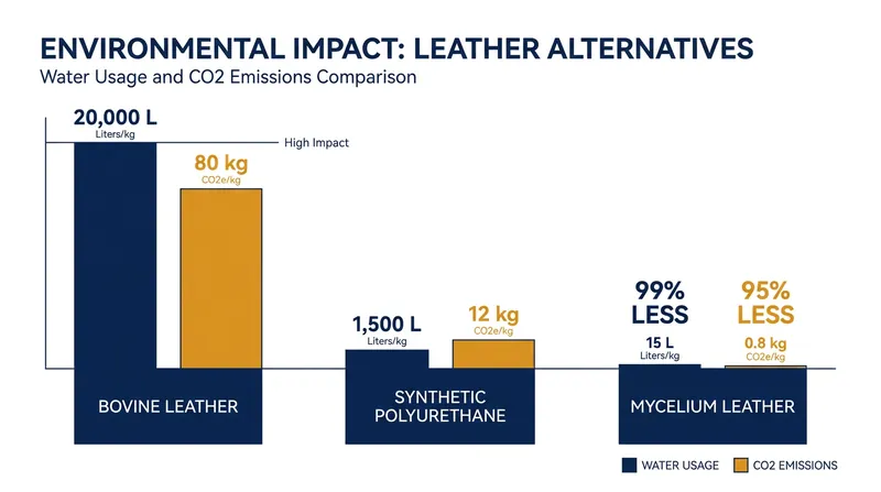Life-cycle assessments show mycelium leather drastically undercuts the resource footprint of both animal hides and plastics.