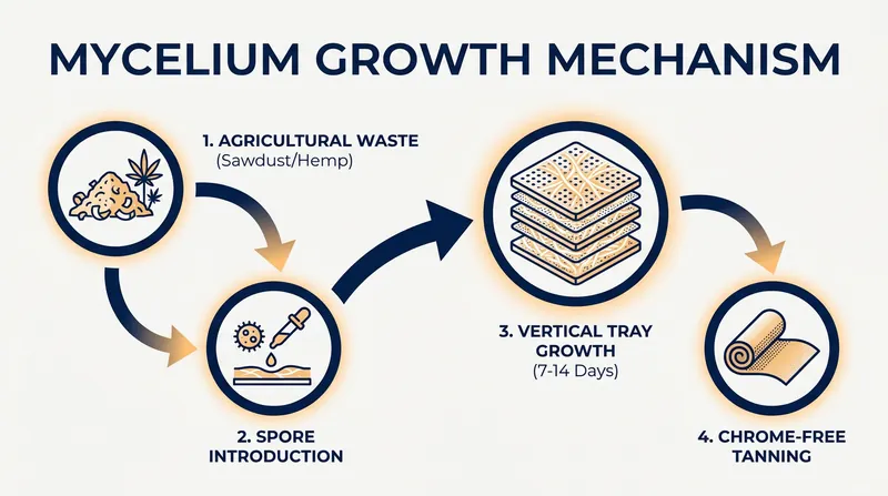 The cultivation process transforms agricultural byproducts into a durable material in under two weeks.
