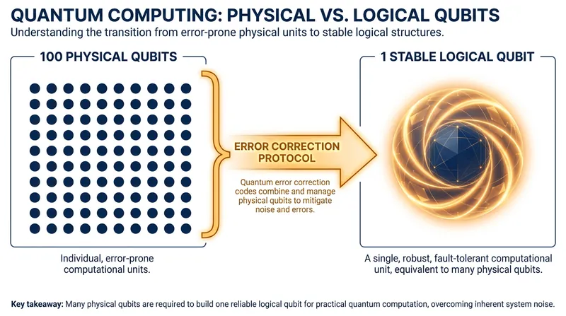 Quantum error correction works by networking many unstable physical qubits to create a single, reliable logical qubit.
