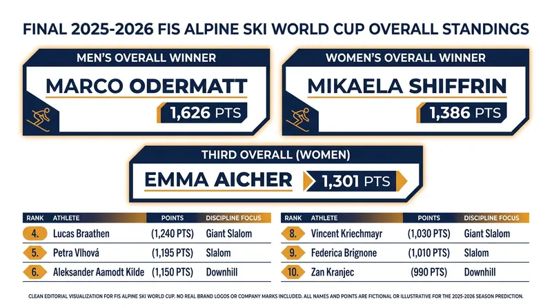 Final overall points for the top contenders in the 2025-2026 FIS Alpine Ski World Cup.