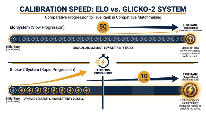 By tracking uncertainty, Glicko-2 can mathematically identify and re-rank highly skilled players in a fraction of the time.