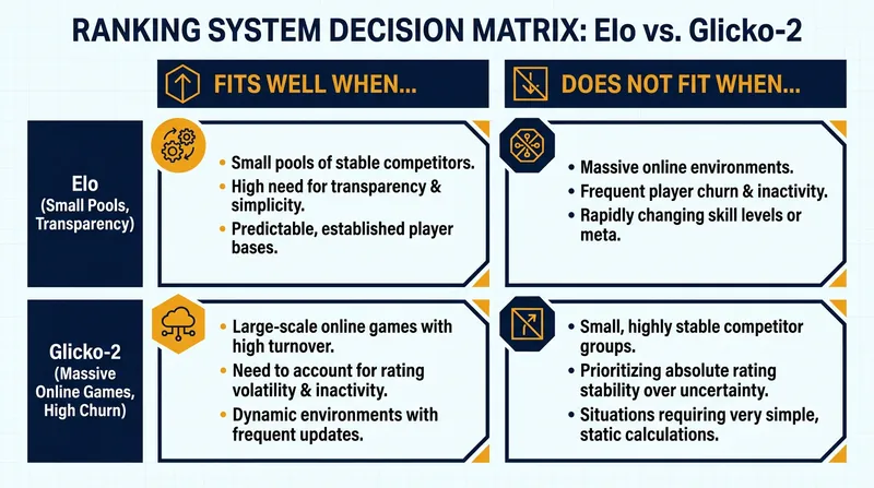 Choosing the right algorithm depends entirely on the size and behavior of the competitive player base.