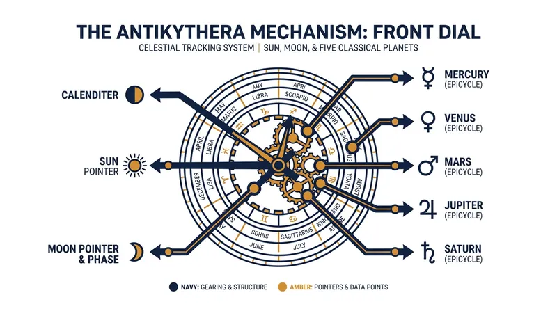 The front dial of the mechanism acted as a mechanical planetarium, tracking the Sun, Moon, and the five planets known in antiquity.