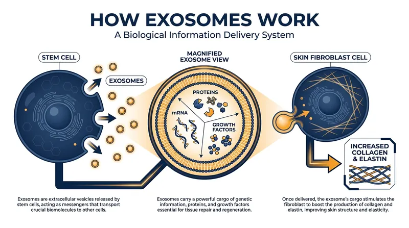 Exosomes act as cellular mail carriers, delivering regenerative instructions from stem cells to aging skin cells.