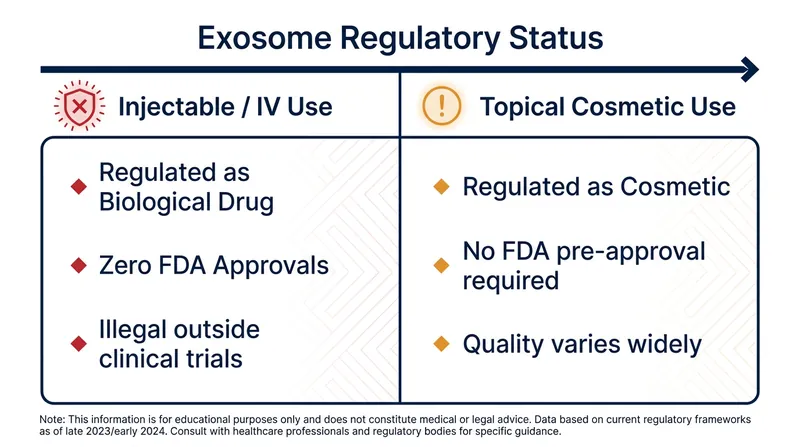 The FDA strictly regulates exosomes intended for injection, while topical serums fall into a cosmetic regulatory gray area.