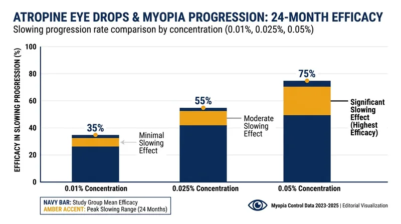Clinical trials show that ultra-low concentrations of atropine effectively slow eye growth with minimal side effects.