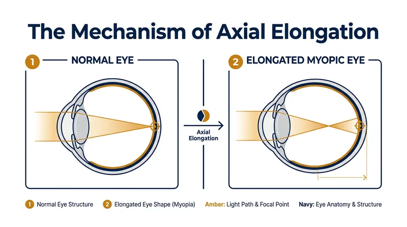 Nearsightedness occurs when the eyeball grows too long from front to back, causing light to focus in front of the retina.