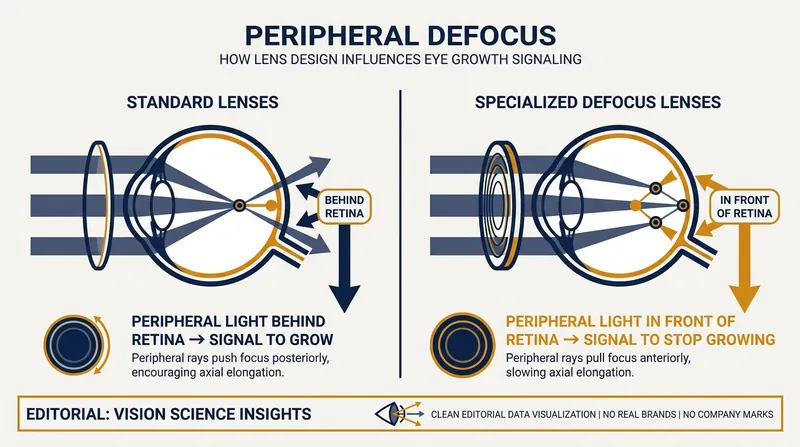 Specialized lenses create a 'stop signal' by focusing peripheral light in front of the retina.