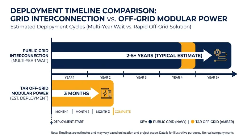Off-grid modular power systems can be deployed in a fraction of the time required for traditional grid interconnection.