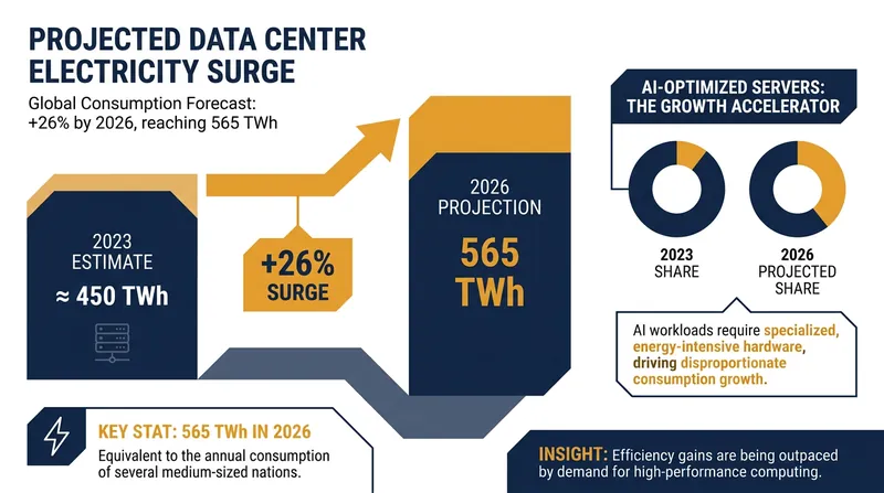 Global data center power consumption is projected to reach 565 terawatt-hours in 2026.