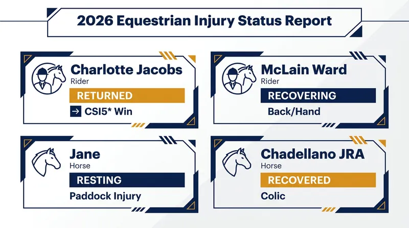 Key injury updates and return statuses across the 2026 spring equestrian season.