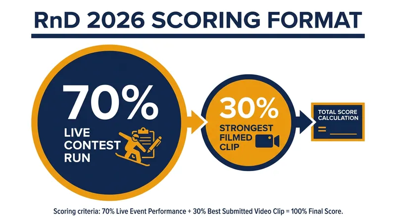 The hybrid scoring model of RnD rewards both live execution and backcountry filming skills.
