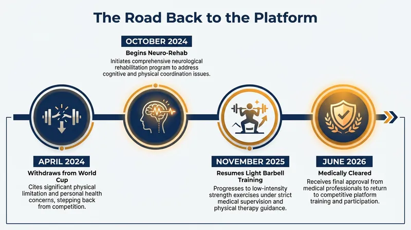 Timeline of Rogers' 26-month journey from injury to medical clearance.