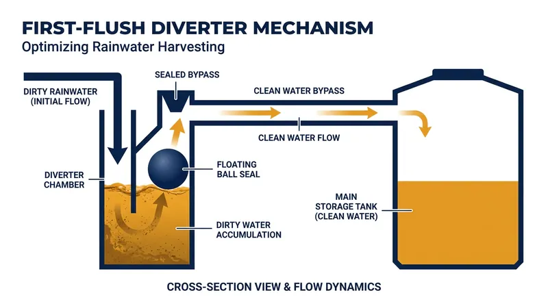 A first-flush diverter captures the initial dirty runoff, ensuring only clean water enters the main storage tank.