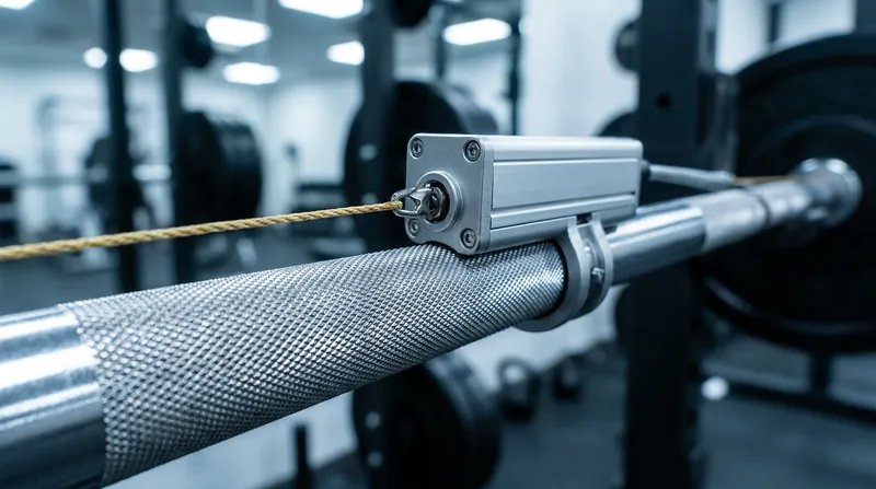 Traditional linear position transducers physically tether the barbell to a sensor to measure movement speed in real-time.