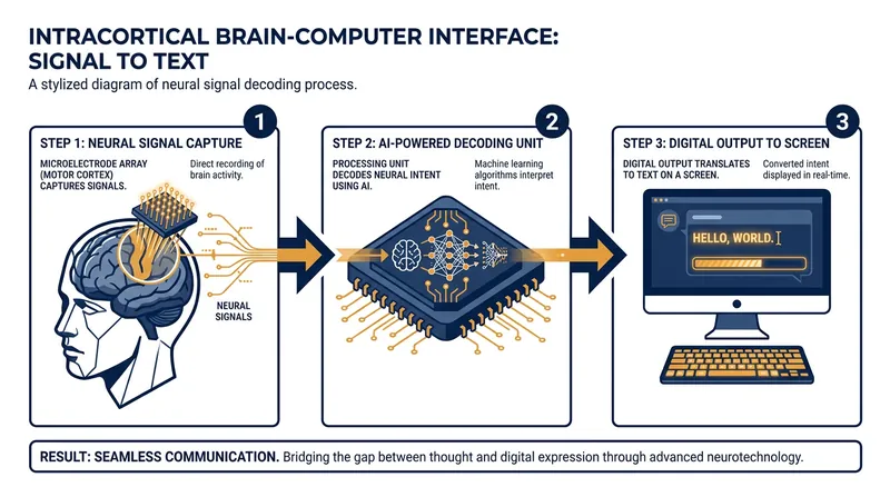 How intracortical microelectrode arrays translate intended speech into digital text.