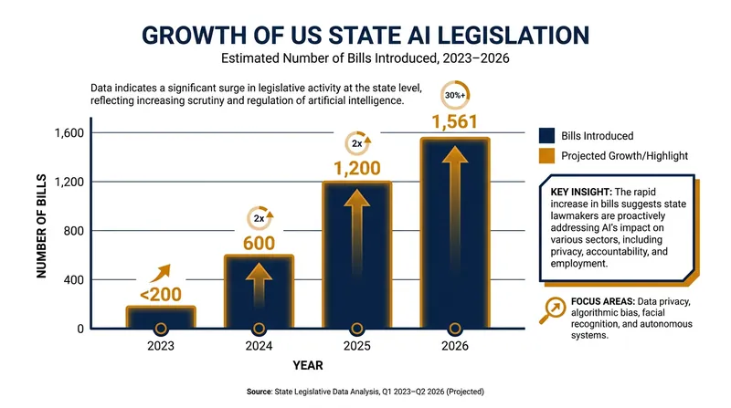 The volume of AI-related bills introduced in U.S. state legislatures has surged dramatically through 2026.