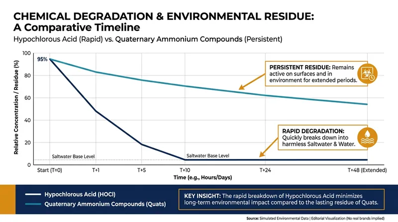 Unlike synthetic chemicals that persist in aquatic ecosystems, HOCl degrades rapidly back into harmless saltwater.