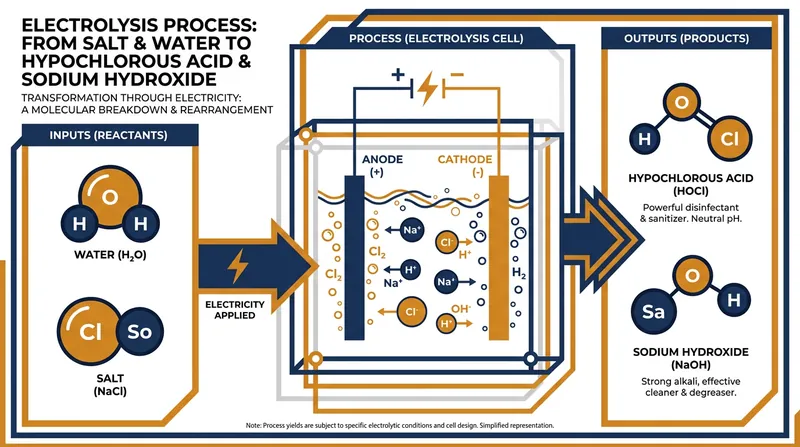 The electrolysis process fractures salt and water molecules to create a potent, naturally occurring disinfectant.