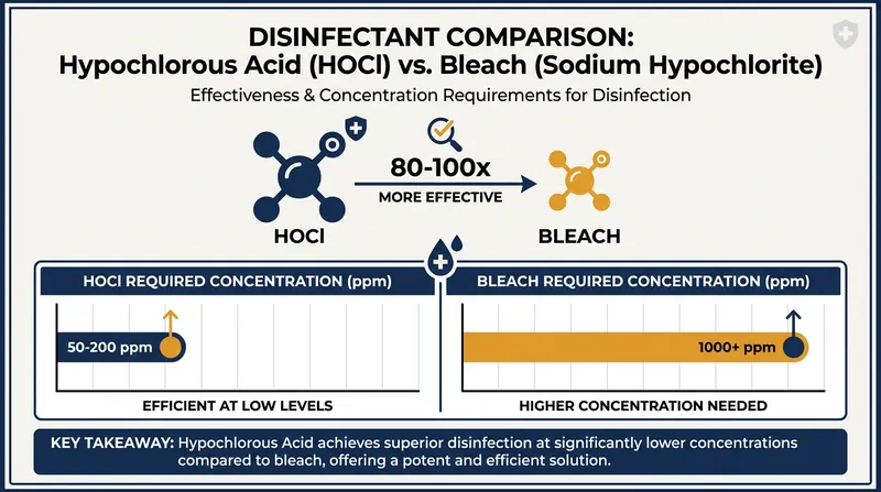 Hypochlorous acid achieves complete pathogen elimination at a fraction of the concentration required by traditional bleach.