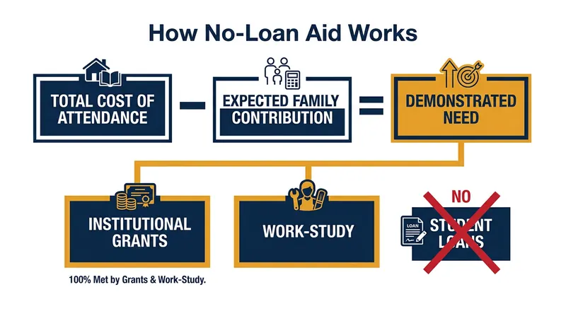 No-loan policies replace traditional borrowing with institutional gift aid and work-study.