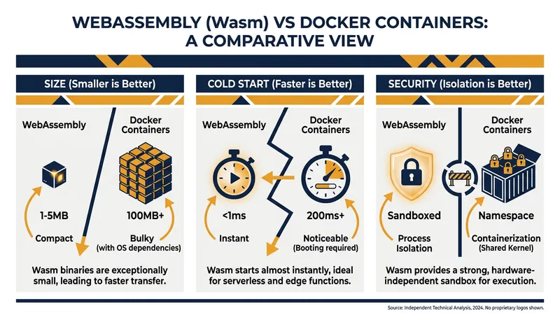 How WebAssembly compares to traditional Linux containers in size, speed, and security.