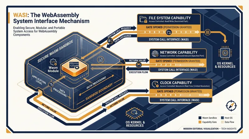 The WASI security model ensures modules only access system resources they are explicitly granted.