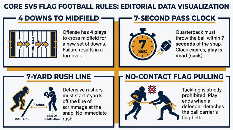 The IFAF rulebook enforces a strict pass clock and strategic rushing distances.