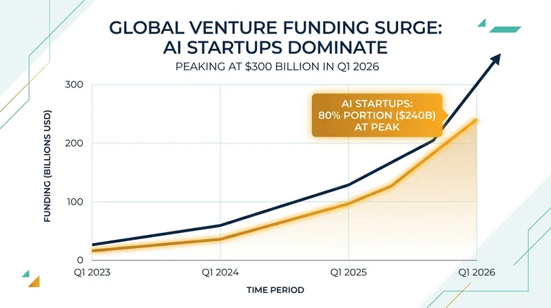 Artificial intelligence companies captured 80% of the record $300 billion deployed in global venture funding in early 2026.