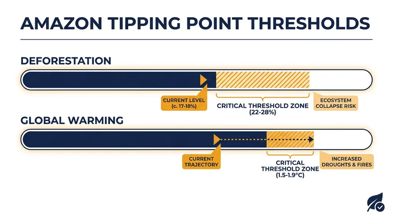 Current deforestation and warming levels are dangerously close to the modeled thresholds for biome collapse.
