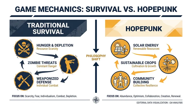 The mechanical shift from traditional survival games to the new wave of hopepunk titles.