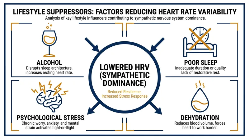 Because HRV measures central nervous system strain, it is highly sensitive to lifestyle choices outside the gym.