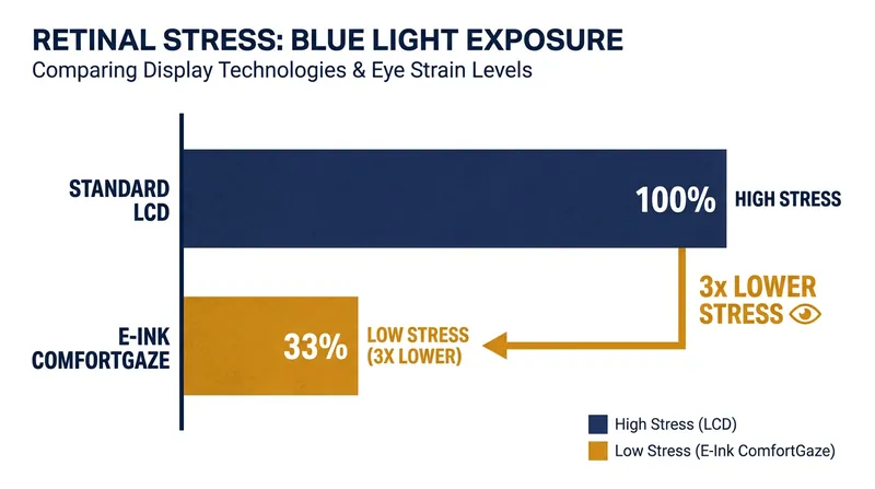 Research from the Harvard School of Public Health indicates that e-ink front lights cause significantly less stress on retinal cells than standard LCDs.