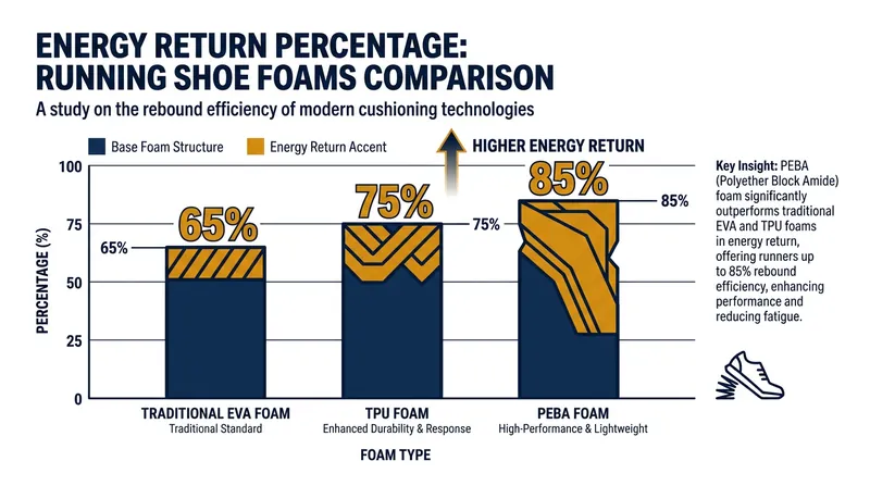 PEBA foam returns significantly more kinetic energy to the runner than traditional materials.