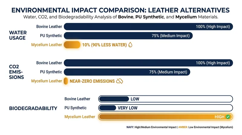 Compared to both animal hides and plastic synthetics, mycelium offers a drastically reduced ecological footprint.