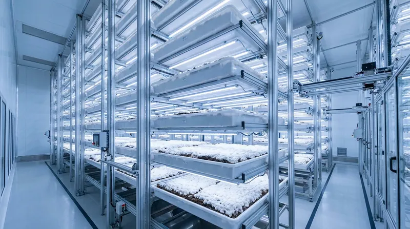Inside a modern vertical farm, where temperature and humidity are strictly controlled to optimize mycelium growth.